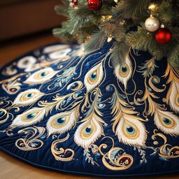Golden Peacock Plumes on Navy Christmas Tree Skirt - Made to Order TREEK101