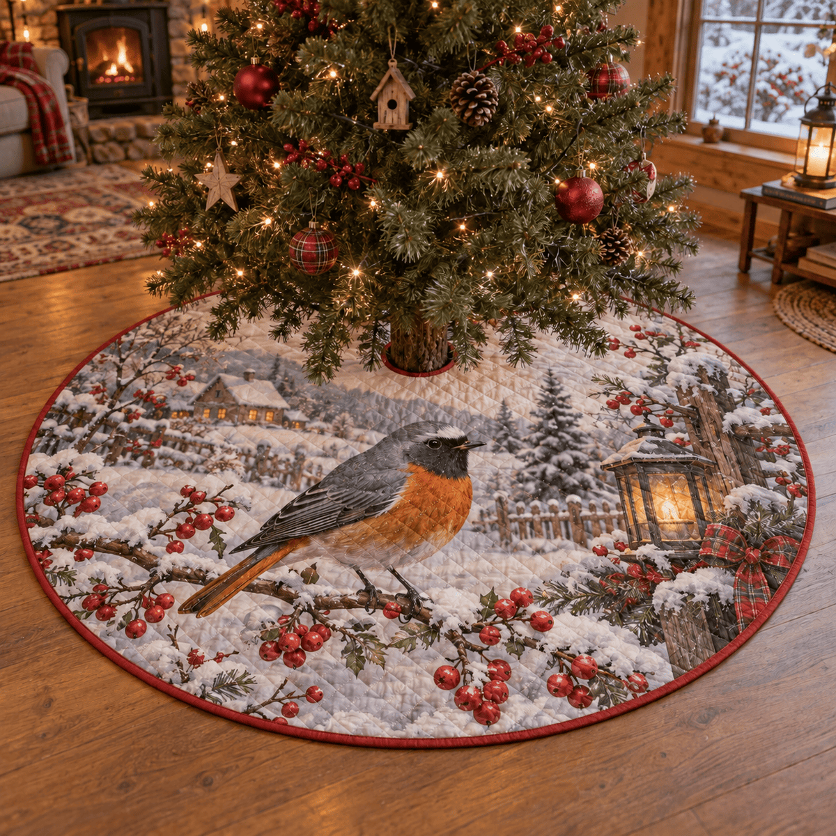 Winter Redstart Quilted Christmas Tree Skirt TREEK101