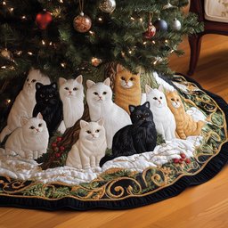 Cats on Gold Bordered Quilt Christmas Tree Skirt - Made to Order TREEK101