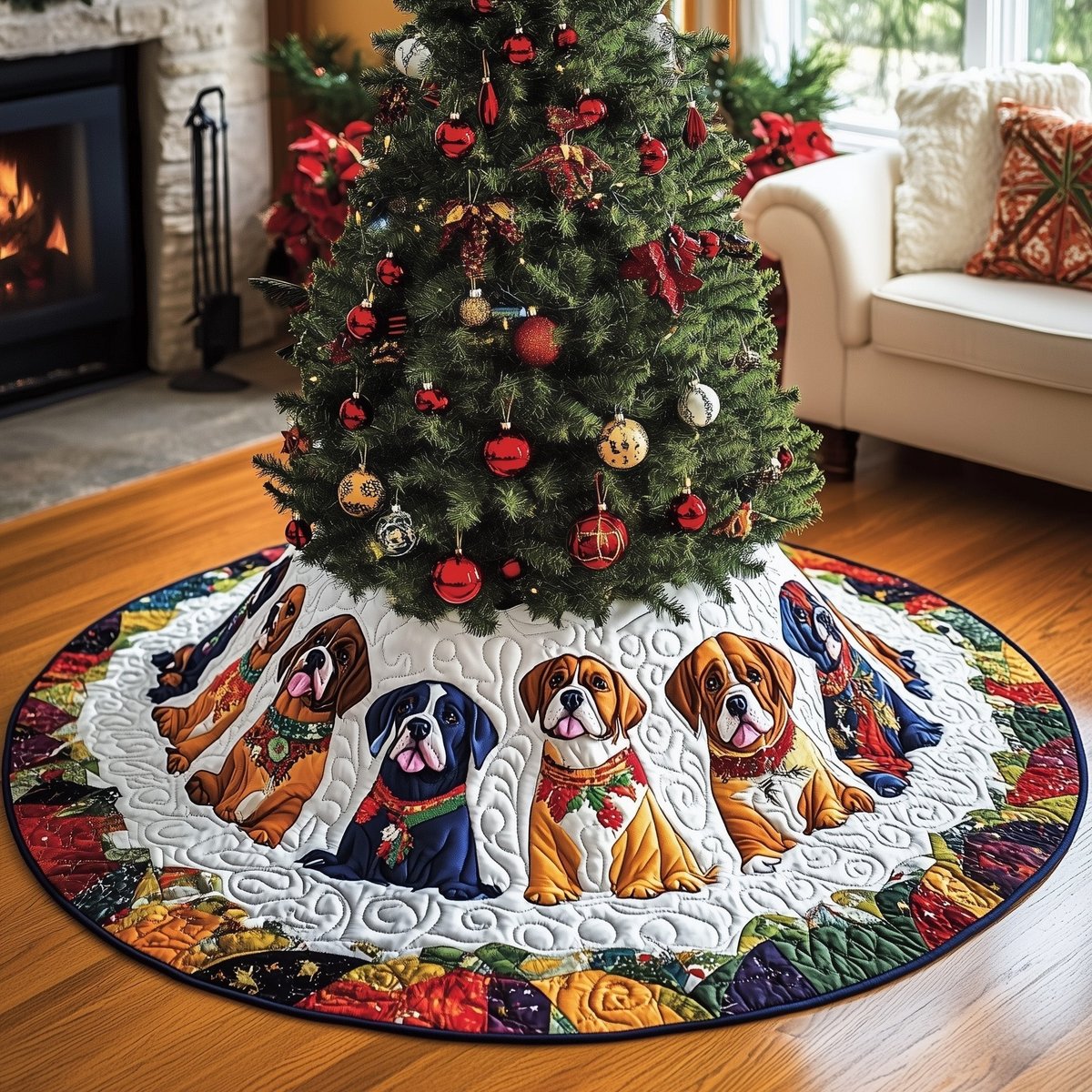Boxer Puppies on White Red Trim Christmas Tree Skirt - Made to Order TREEK101