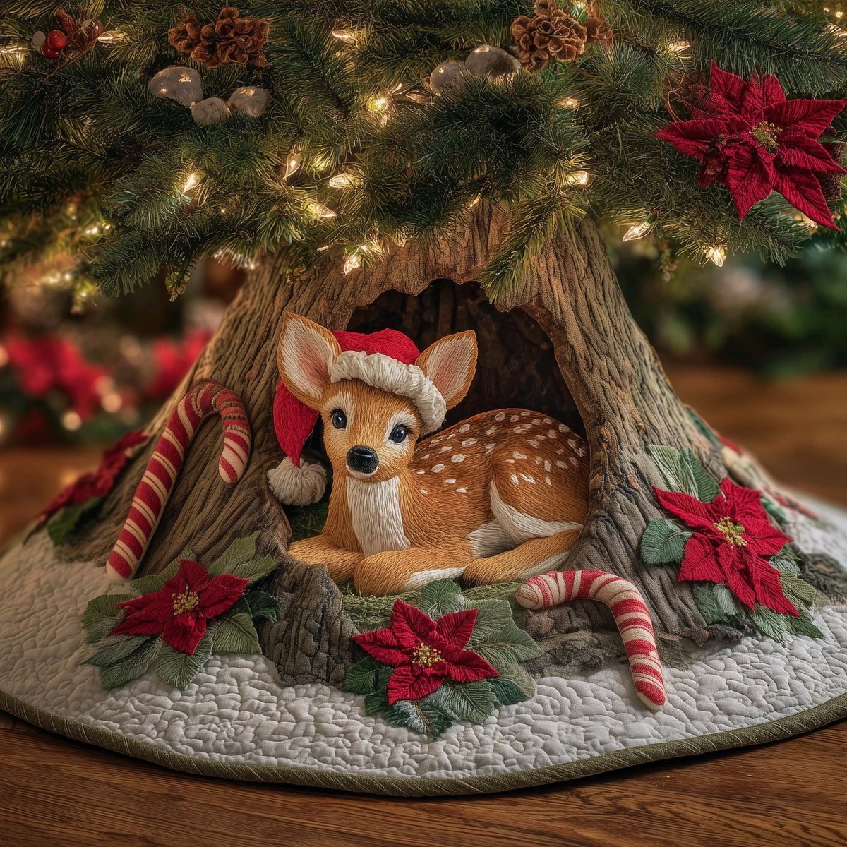 Fawns with Candy Cane and Santa Hat Christmas Tree Skirt - Made to Order TREEK101
