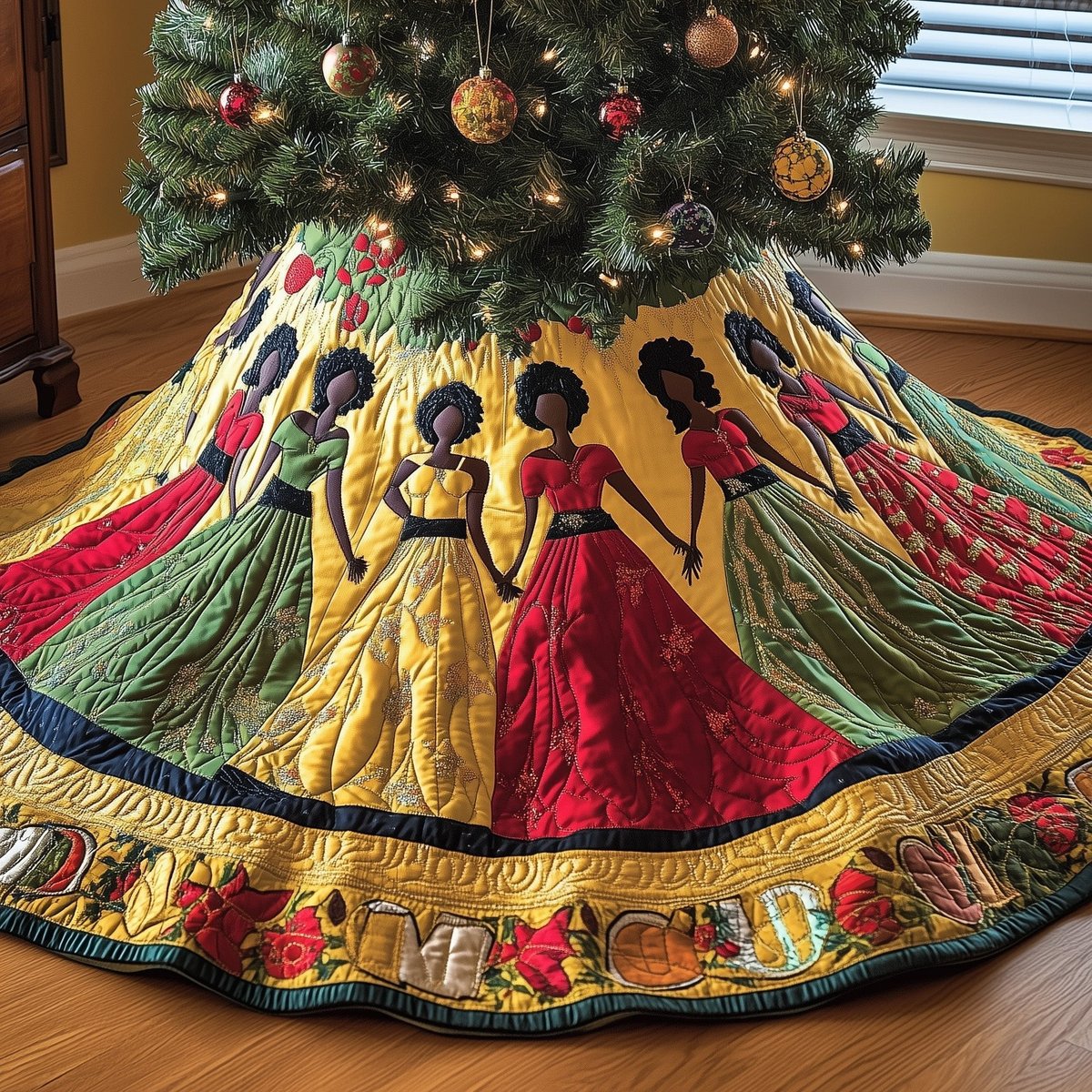 Women in Green and Red Gowns Christmas Tree Skirt - Made to Order TREEK101