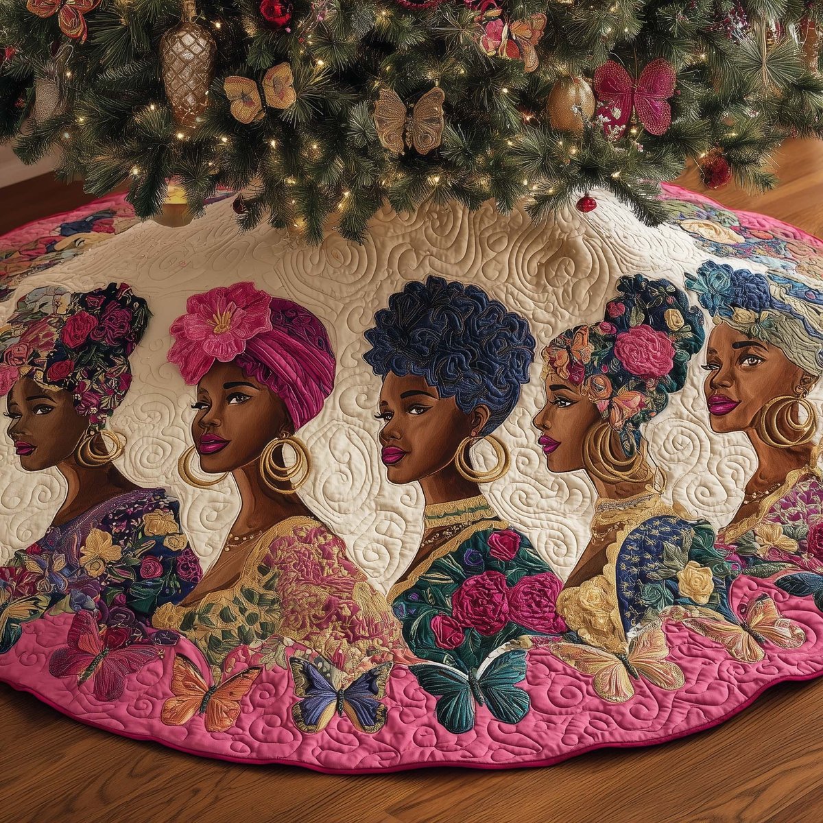 Women in Turbans Among Pink Roses Christmas Tree Skirt - Made to Order TREEK101