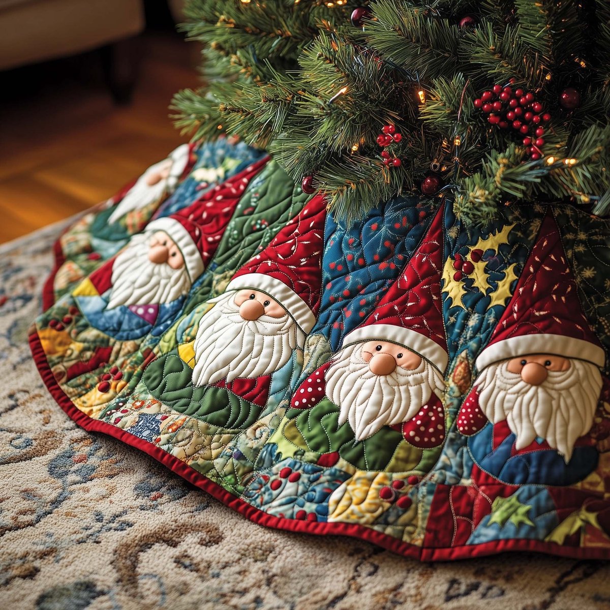 Gnome Faces on Red and Blue Patchwork Christmas Tree Skirt - Made to Order TREEK101