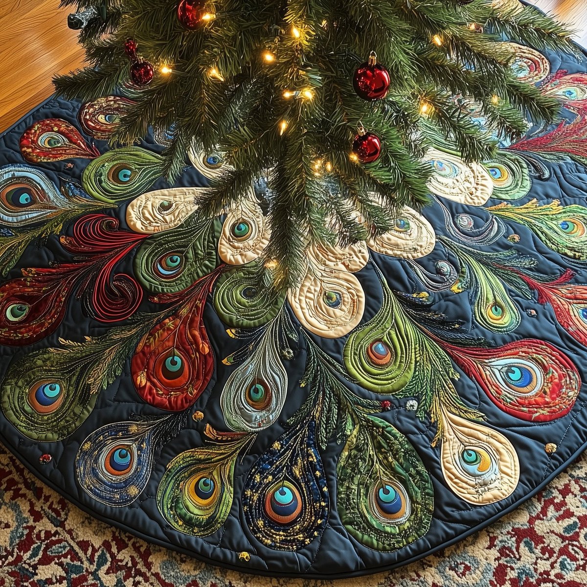 Peacock Feathers on Dark with Ruby Accents Christmas Tree Skirt - Made to Order TREEK101