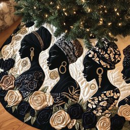 Black Silhouettes with Golden Hoop Earrings Christmas Tree Skirt - Made to Order TREEK101