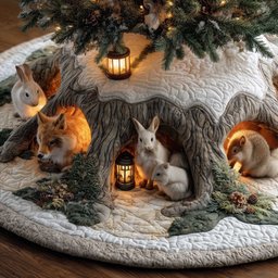 Fox and Rabbits in the Lantern Burrow Christmas Tree Skirt - Made to Order TREEK101