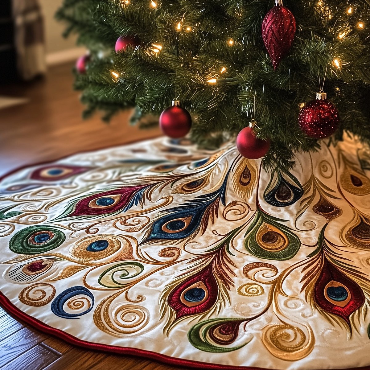 Soft Peacock Plumes on White Christmas Tree Skirt - Made to Order TREEK101