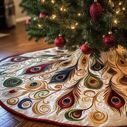 Soft Peacock Plumes on White Christmas Tree Skirt - Made to Order TREEK101