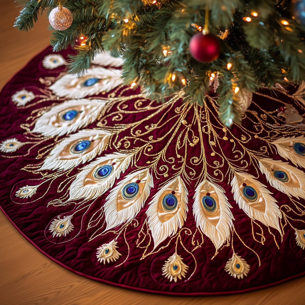Peacock Plumes on Burgundy Velvet Christmas Tree Skirt - Made to Order TREEK101
