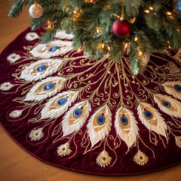 Peacock Plumes on Burgundy Velvet Christmas Tree Skirt - Made to Order TREEK101