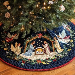 Nativity on Deep Navy with Angels Christmas Tree Skirt - Made to Order TREEK101
