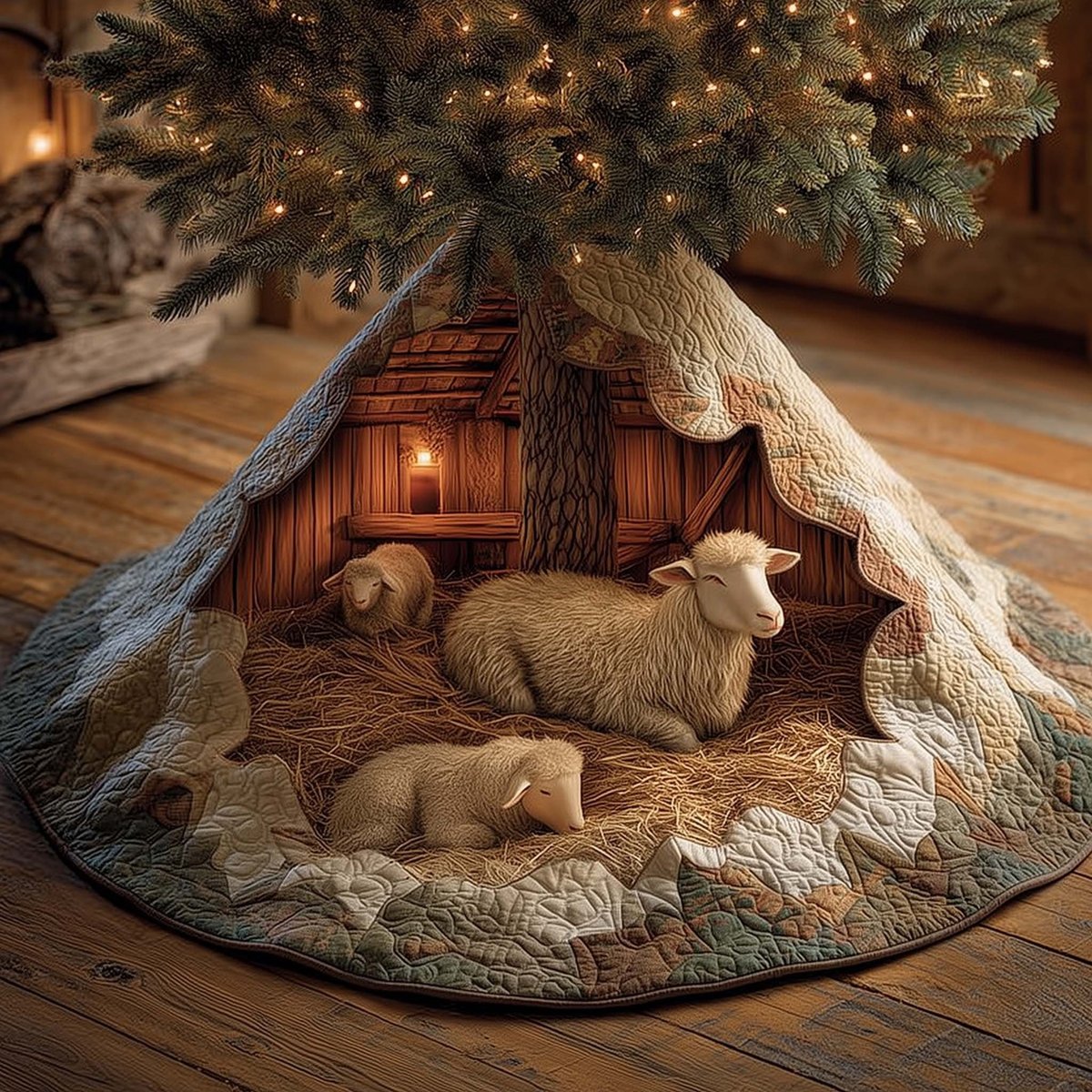 Sheep and Lamb in the Lantern Lit Stable Christmas Tree Skirt - Made to Order TREEK101