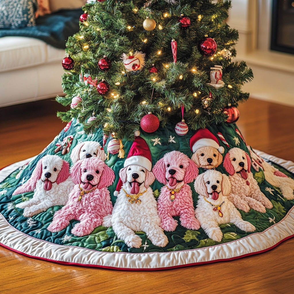 Poodles in Santa Hats on Green Christmas Tree Skirt - Made to Order TREEK101