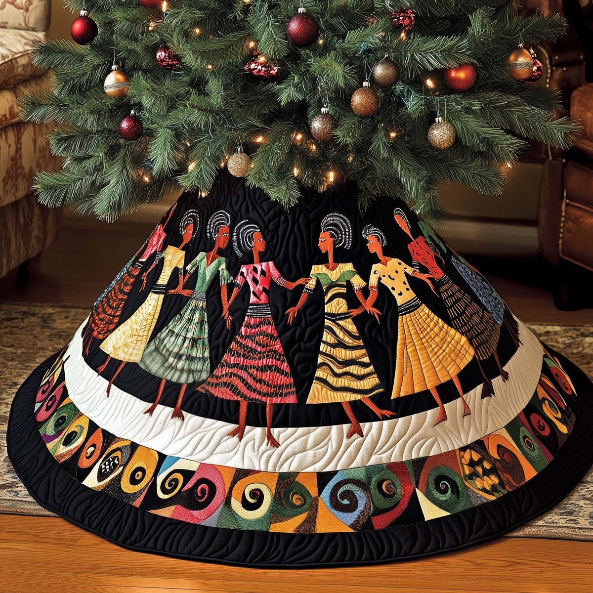 Women Dancing in Colorful Dresses on Black Christmas Tree Skirt - Made to Order TREEK101