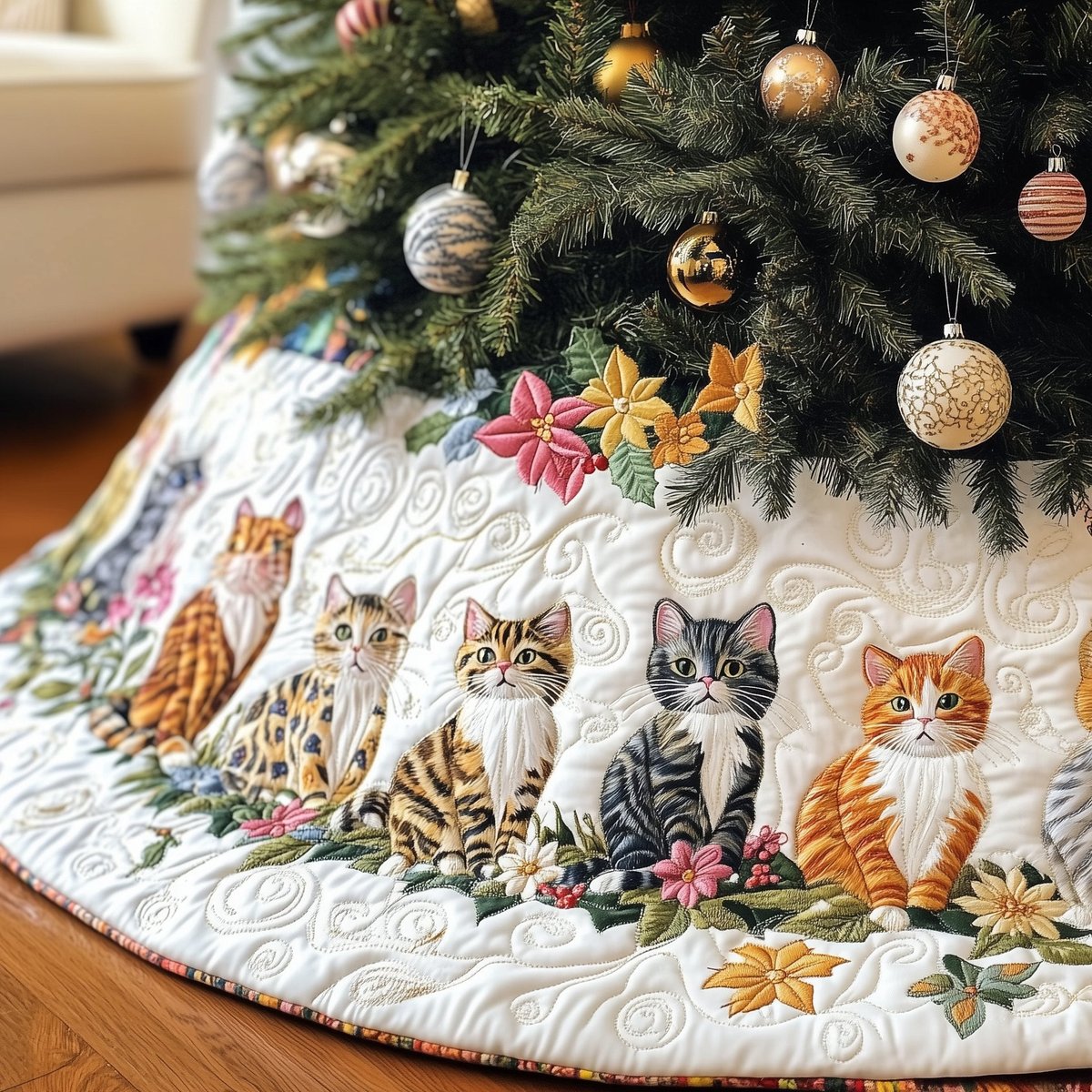 Ginger and Tabby Kittens with Flowers Christmas Tree Skirt - Made to Order TREEK101