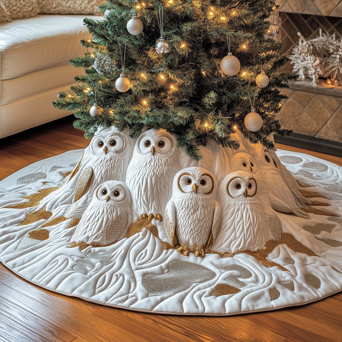 White Owls on the Golden Bough Christmas Tree Skirt - Made to Order TREEK101
