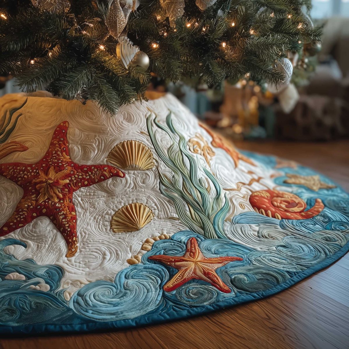 Starfish and Shells on Blue Waves Christmas Tree Skirt - Made to Order TREEK101