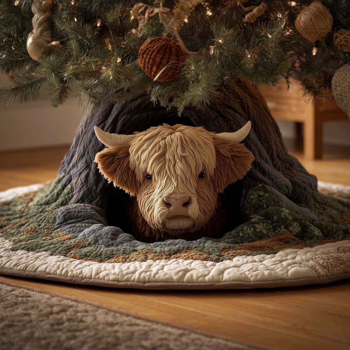 Highland Cow Peeking from the Hollow Christmas Tree Skirt - Made to Order TREEK101