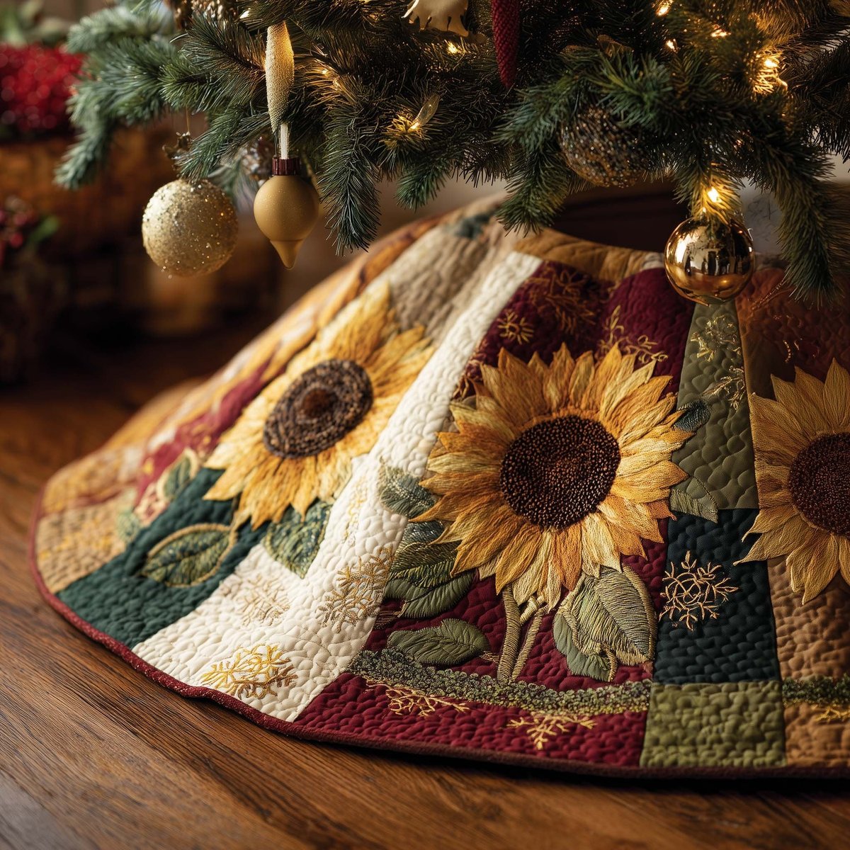 Sunflowers on Wedges with Red Rim Christmas Tree Skirt - Made to Order TREEK101