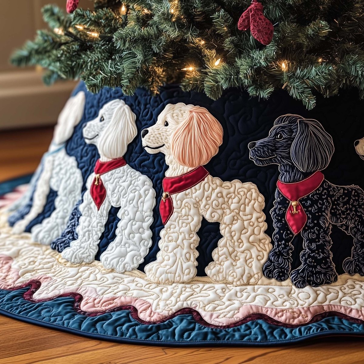 Poodles in Red Scarves Deep Navy Christmas Tree Skirt - Made to Order TREEK101