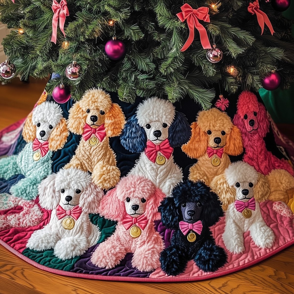 Colorful Poodles with Bows Christmas Tree Skirt - Made to Order TREEK101