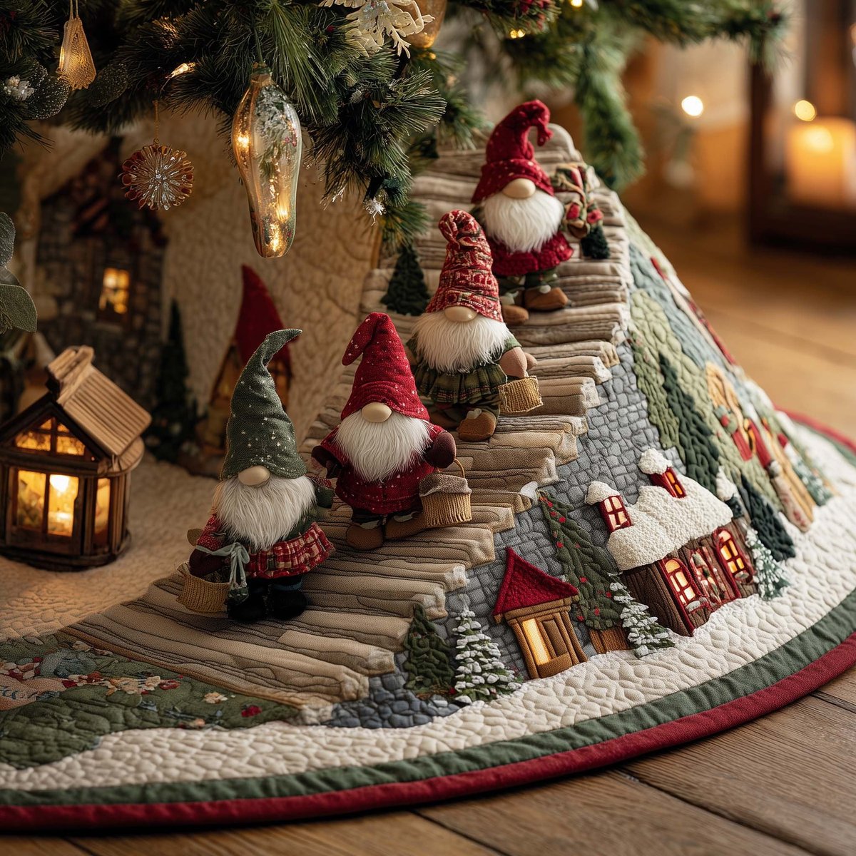 Gnomes Watching the Snowy Village Christmas Tree Skirt - Made to Order TREEK101