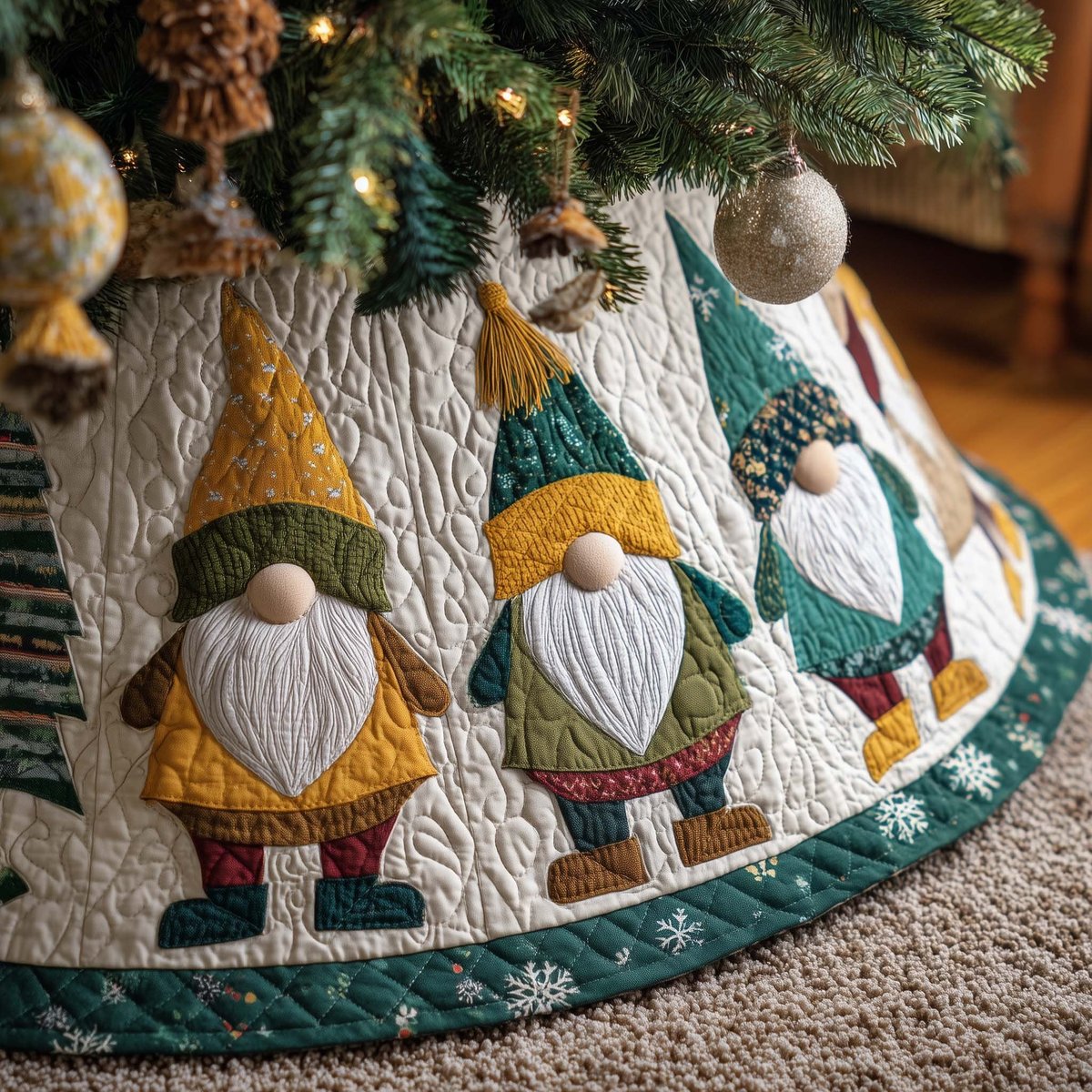 Gnomes in Yellow and Teal Hats Christmas Tree Skirt - Made to Order TREEK101