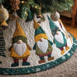 Gnomes in Yellow and Teal Hats Christmas Tree Skirt - Made to Order TREEK101