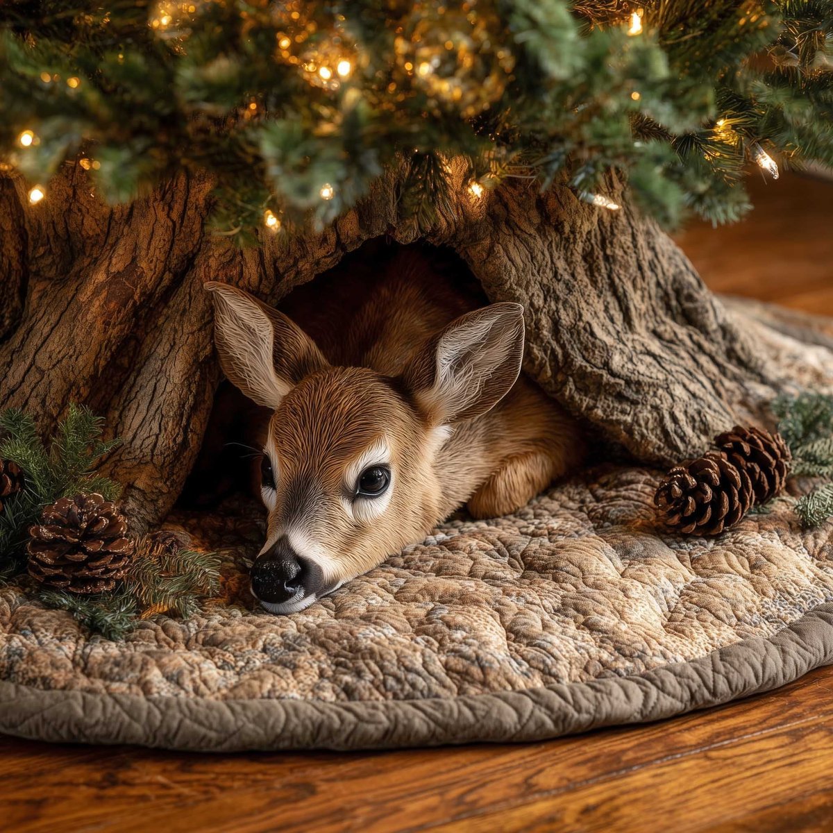 Fawn Lying Among Pinecones Christmas Tree Skirt - Made to Order TREEK101