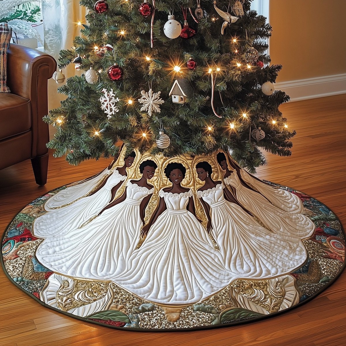 Women in Flowing White Gowns Christmas Tree Skirt - Made to Order TREEK101