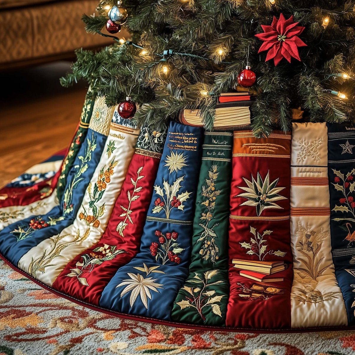 Books with White Botanical Prints Christmas Tree Skirt - Made to Order TREEK101