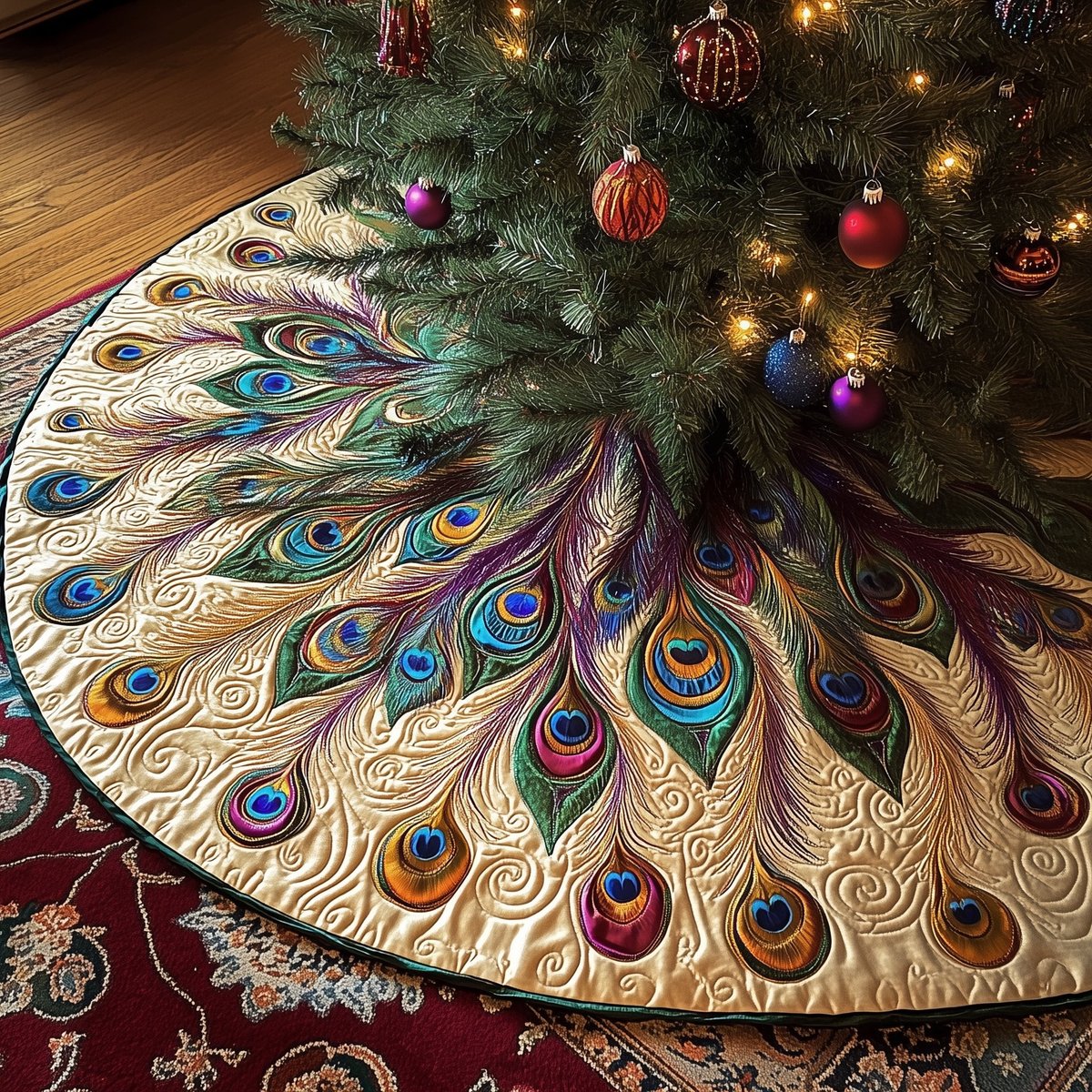 Golden Peacock Plumes with Red Rim Christmas Tree Skirt - Made to Order TREEK101