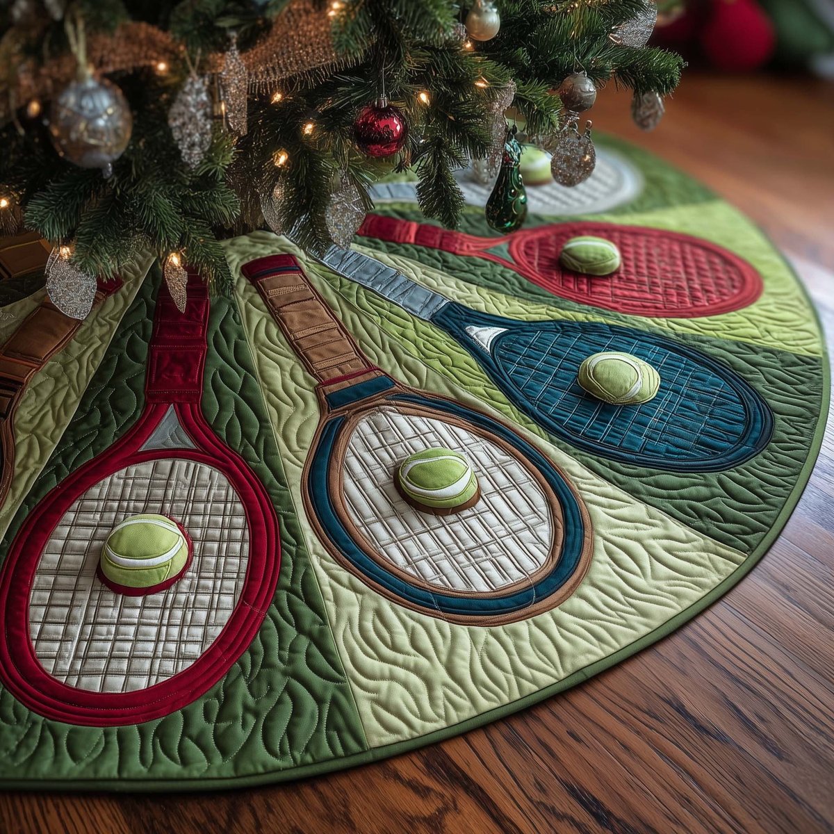 Tennis Rackets on Green and Grey Christmas Tree Skirt - Made to Order TREEK101