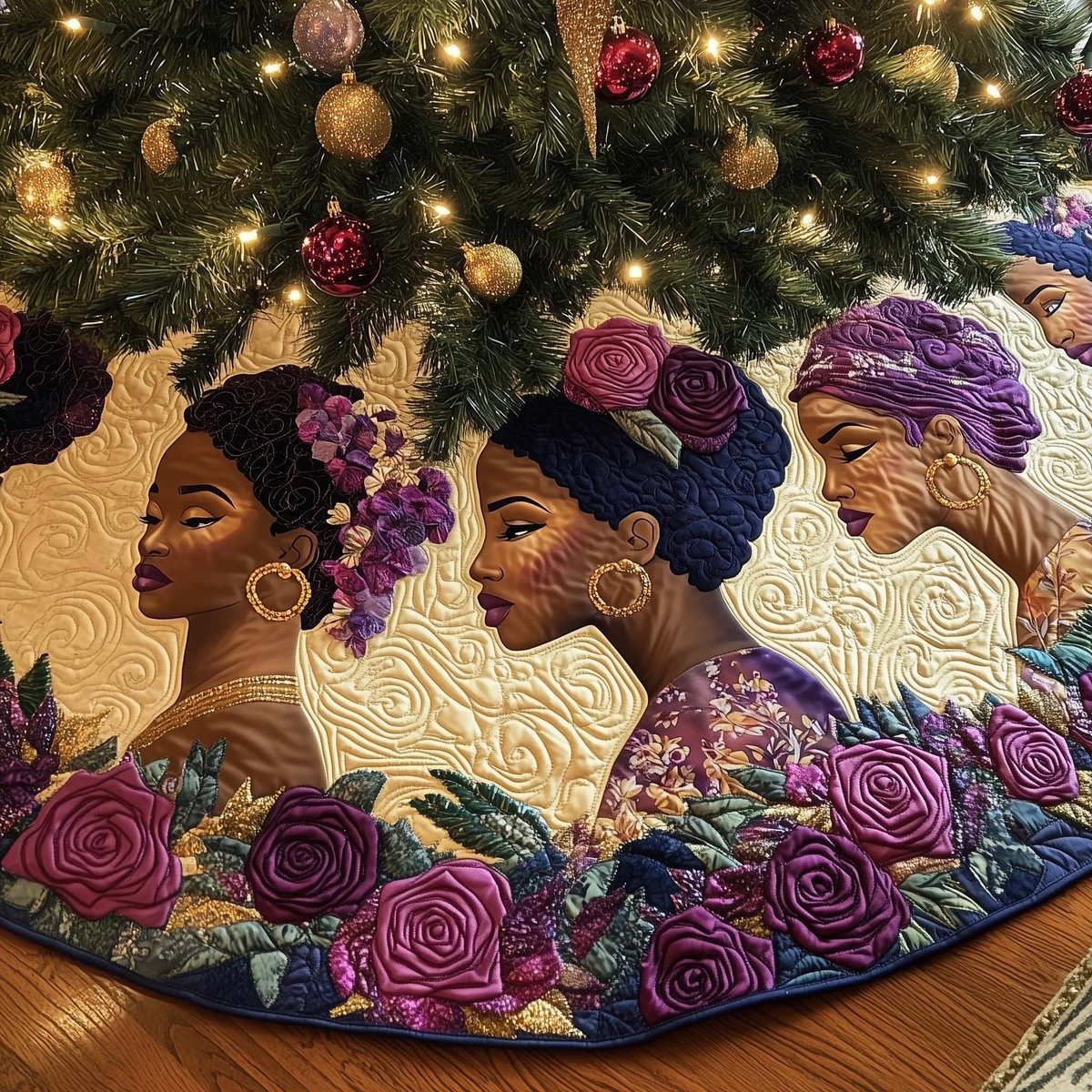 Women with Purple Roses and Gold Hoops Christmas Tree Skirt - Made to Order TREEK101