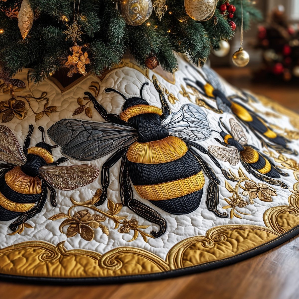 Bumblebees on White with Gold Scrolls Christmas Tree Skirt - Made to Order TREEK101