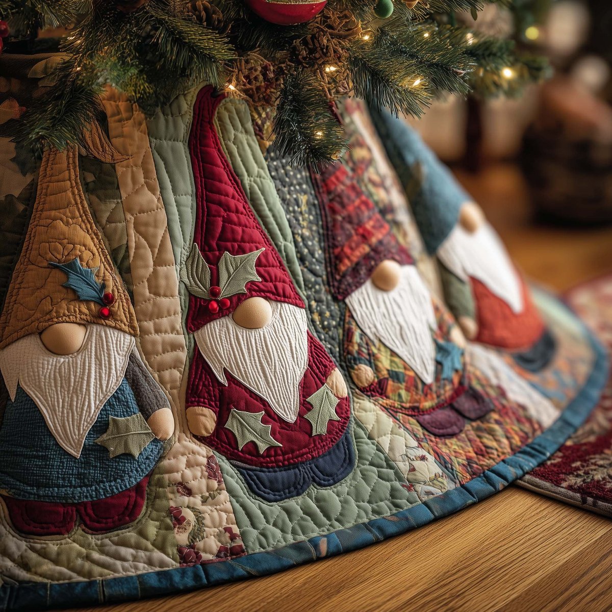 Gnomes with Green Leaf Motifs Christmas Tree Skirt - Made to Order TREEK101