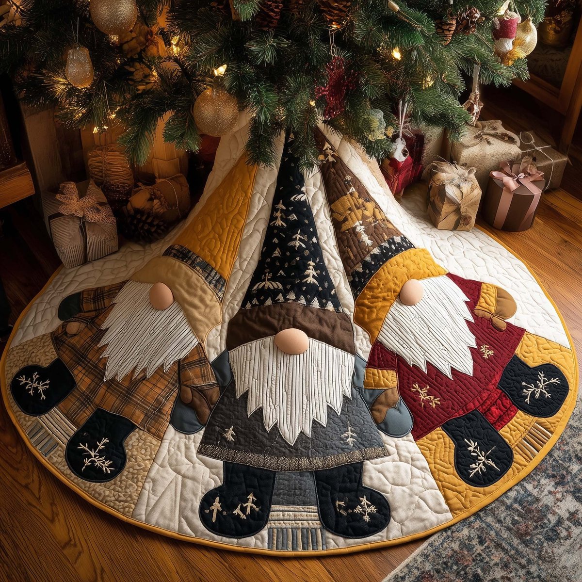Bearded Gnome in Navy and Gold Christmas Tree Skirt - Made to Order TREEK101