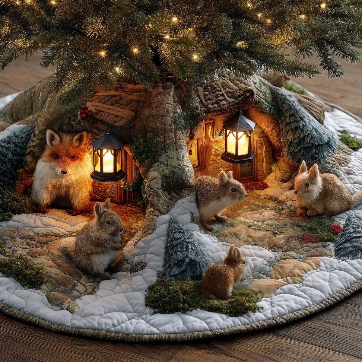 Fox and Rabbits by the Lit Cabins Christmas Tree Skirt - Made to Order TREEK101