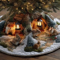 Fox and Rabbits by the Lit Cabins Christmas Tree Skirt - Made to Order TREEK101