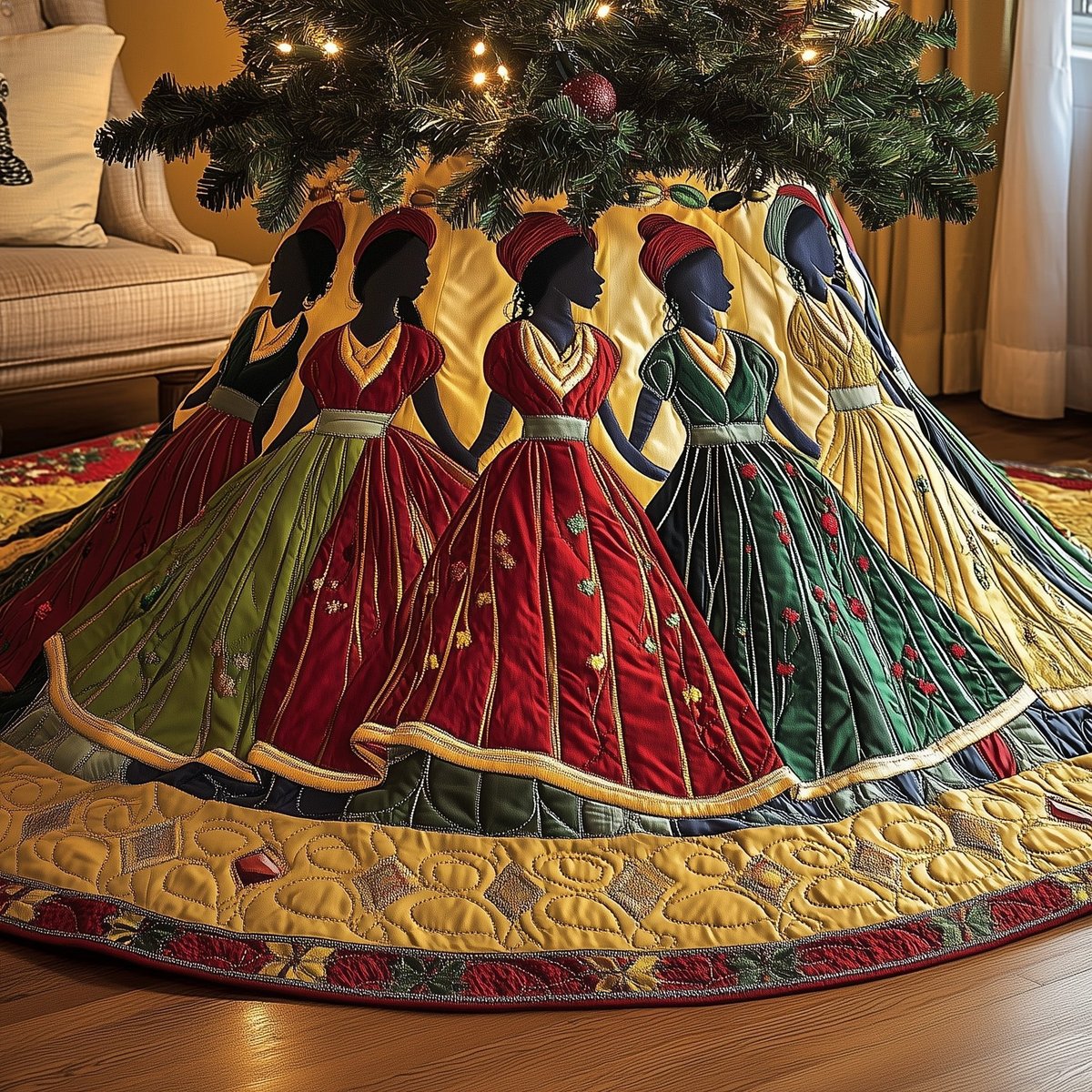 Women in Long Gowns of Red and Gold Christmas Tree Skirt - Made to Order TREEK101