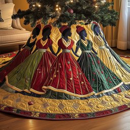 Women in Long Gowns of Red and Gold Christmas Tree Skirt - Made to Order TREEK101
