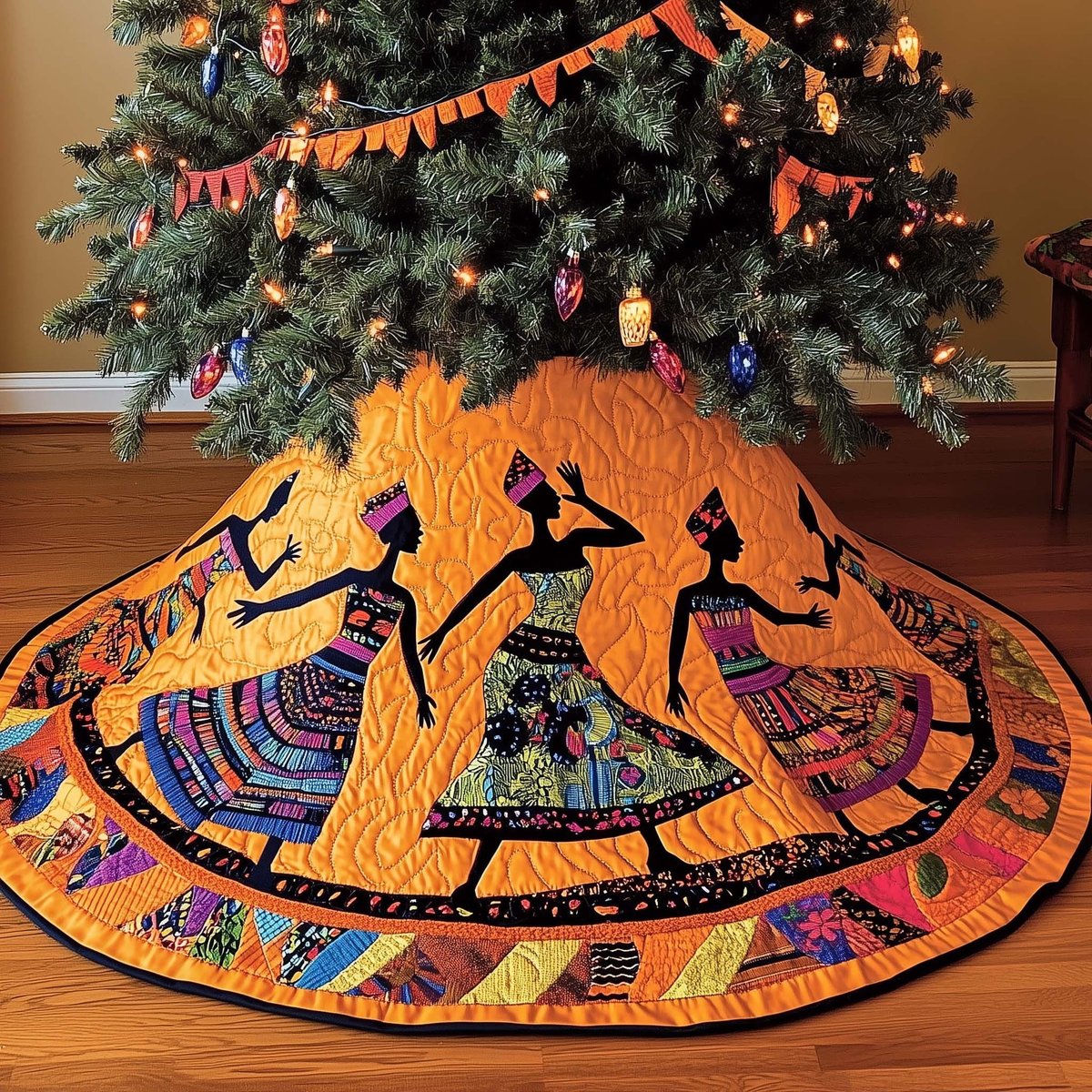 African Dancers on Orange with Patchwork Skirts Christmas Tree Skirt - Made to Order TREEK101