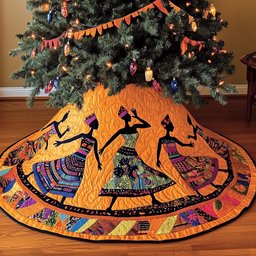 African Dancers on Orange with Patchwork Skirts Christmas Tree Skirt - Made to Order TREEK101