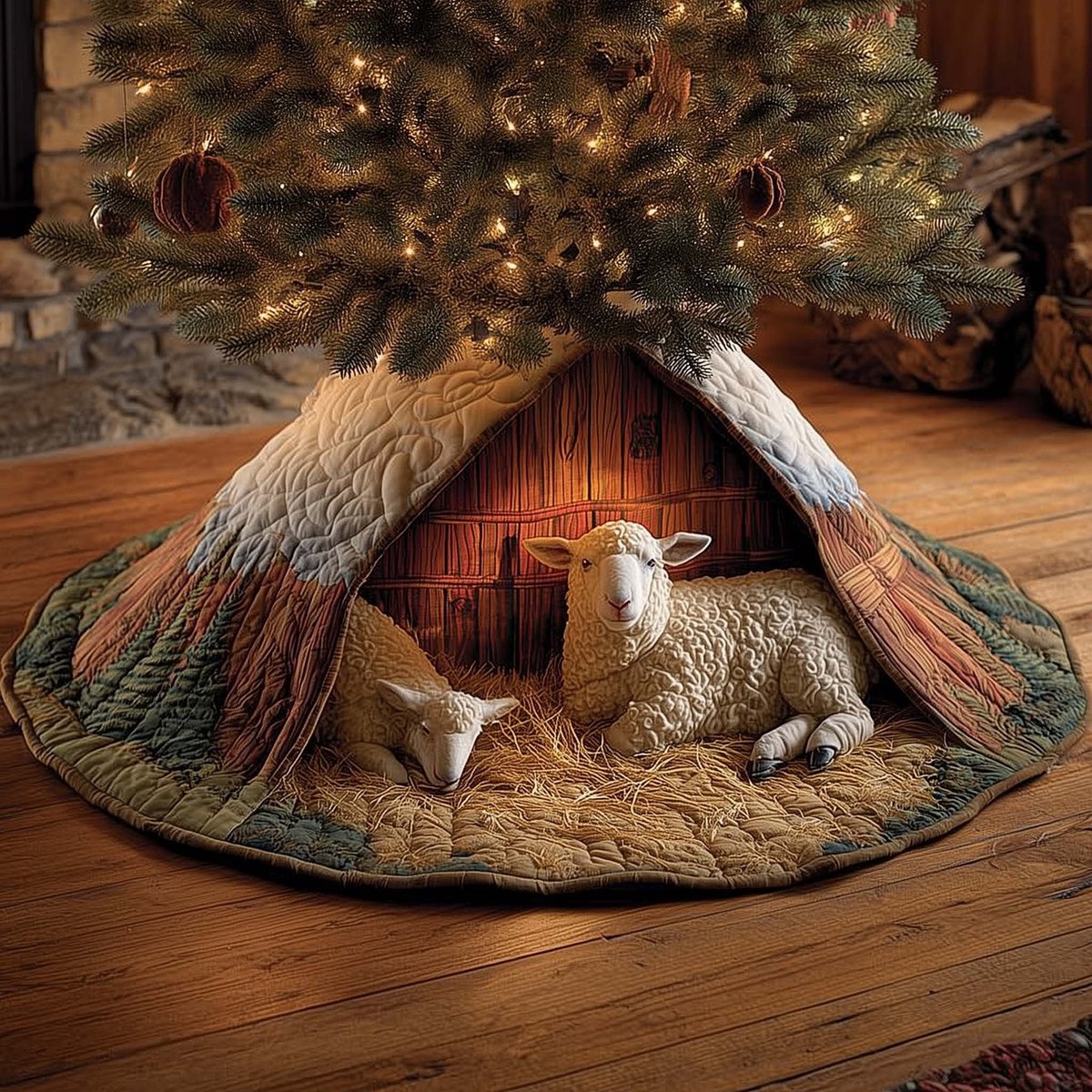 Sheep Lying Under the Wooden Shelter Christmas Tree Skirt - Made to Order TREEK101