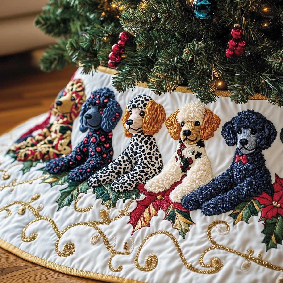 Poodles in Patterned Coats on White Christmas Tree Skirt - Made to Order TREEK101