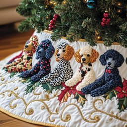 Poodles in Patterned Coats on White Christmas Tree Skirt - Made to Order TREEK101