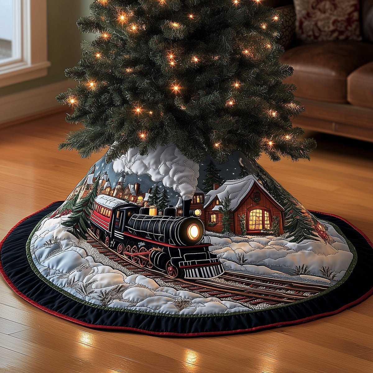 Steam Train by the Mountain Cabin Christmas Tree Skirt - Made to Order TREEK101