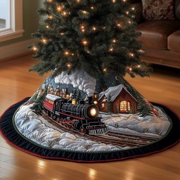 Steam Train by the Mountain Cabin Christmas Tree Skirt - Made to Order TREEK101