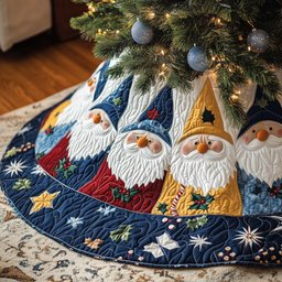 Gnomes on Blue with Gold Stars Christmas Tree Skirt - Made to Order TREEK101